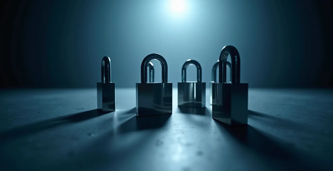 Composition abstraite de formes géométriques évoquant la sécurité et la protection