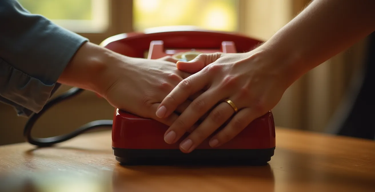 Deux mains se touchant délicatement autour d'un combiné téléphonique rétro