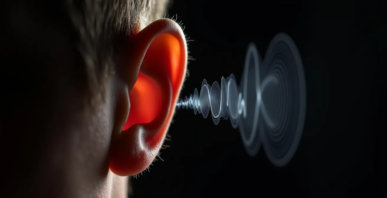 Vue macro d'une oreille humaine avec des ondes sonores abstraites en suspension